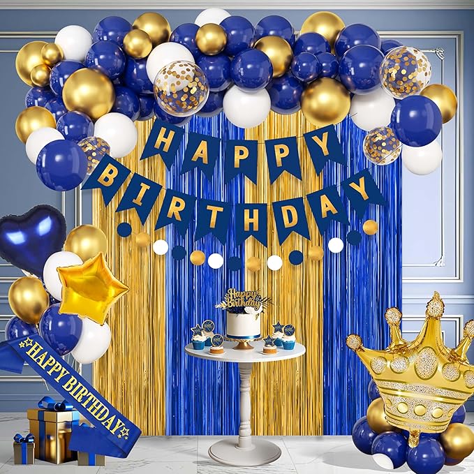 Blue And Gold Birthday Decorations for Men,Fringe Curtains Happy Birthday Banner,Red balloons,Cake Toppers for Boys