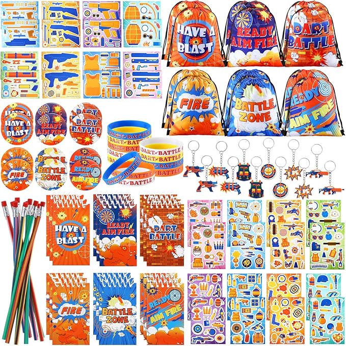 110 Pcs Dart Battle Party Favors Back to School Gifts Includes Dart Party Favor Bags Silicone Wristbands Badges Notebook Keychain Stickers Bendable Pencil for Birthday
