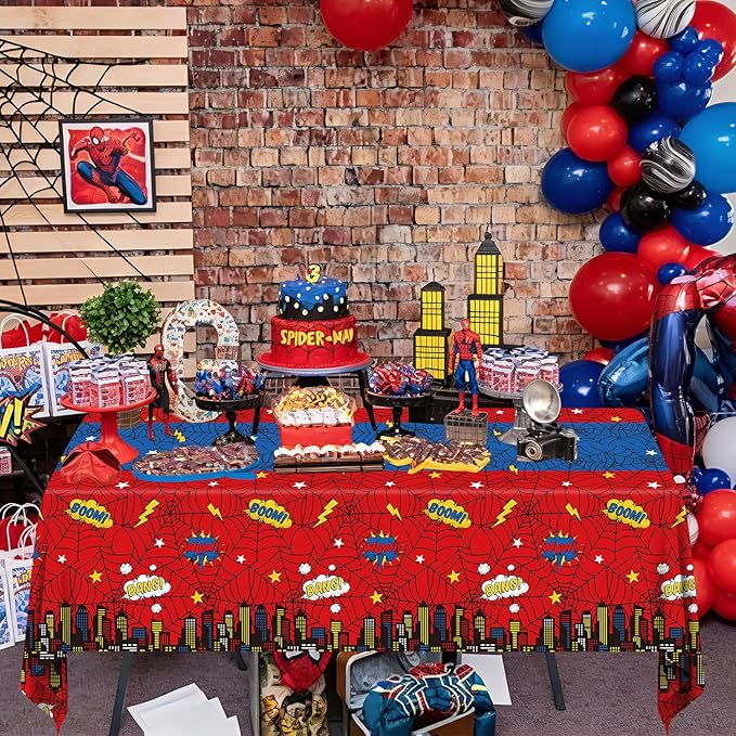 4Pack Spider Web Themed Birthday Party Tablecloths Red Blue Cartoon Plastic Table Cover City Web Theme Table Cloth for Baby Shower Kids Boys Birthday Party Supplies 86X51inches