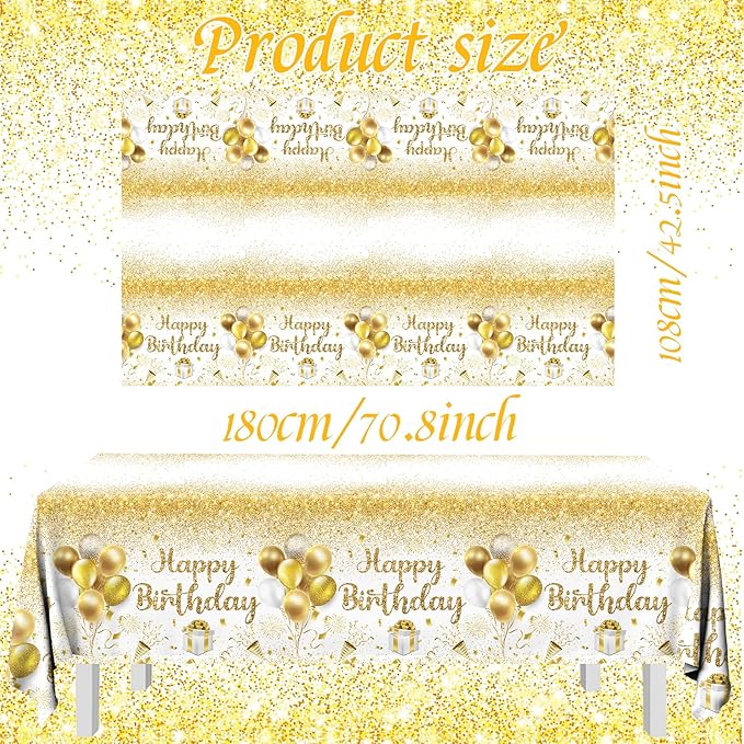 Happy Birthday Tablecloths - Gold & White Party Decorations, 3pcs Disposable Table Covers for Indoor/Outdoor Birthdays