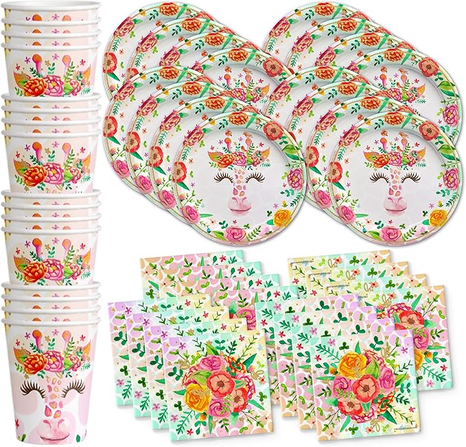 Giraffe Floral Birthday Party Supplies - Giraffe Party Supplies - Zoo Animal Party Supplies - Safari Animal Party Supplies | Tableware Set Includes Plates Napkins and Cups | Kit for 16