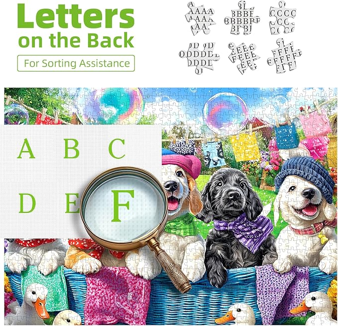 Laundry Day Dogs 500 Piece Jigsaw Puzzle for Adults Colorful Garden Scene with Puppies Animal Puzzle with Letters on Back Fun & Relaxing Gift for Seniors, Family, Adults (23”x15”)