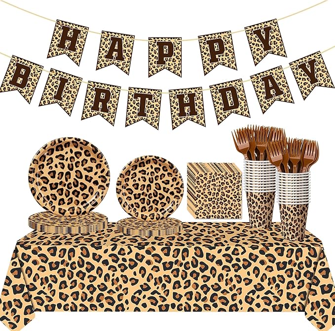 Leopard Print Party Supplies, Cheetah Happy Birthday Party Decorations with Plates Napkins Cups Tablecloth for Safari Animal Leopard Birthday Party Supplies Serve 24(Leopard Print)