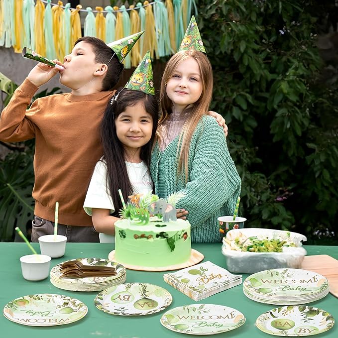 96Pcs Welcome Baby Greenery Baby Shower Sage Green Balloon Party Plates Supplies Tableware Decorations Disposable Paper Plates Napkins Forks for Birthday Gender Reveal, Serves 24