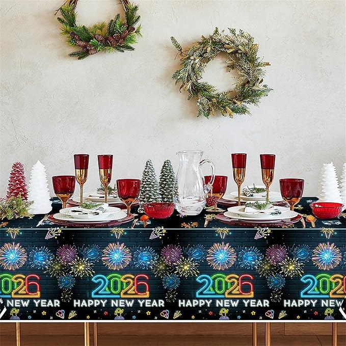 Neon New Year Tablecloth - 3Pack 2026 Happy New Year Eve Glow in The Dark Tablecovers Decoration Rectangle Tablecloth Carnival Party Table