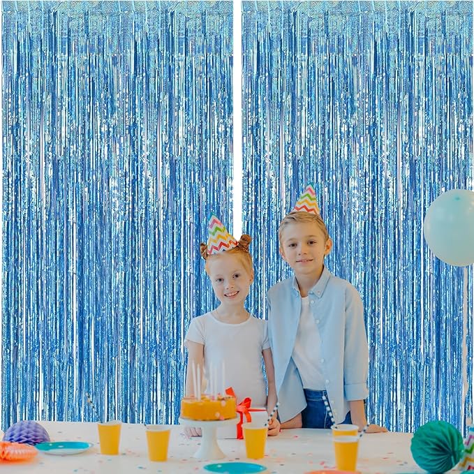 2 Pack Blue Foil Fringe Curtains, 3.3x6.6 Ft Metallic Tinsel Backdrop Party Decorations Door Blue Streamers for Birthday Wedding Engagement Decor,Photo Booth Props, Party Supplies