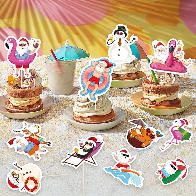 24Pcs Summer Christmas Cupcake Toppers, Santa Beach Cupcake Toppers for Xmas in July Decorations, Paper Summer July Christmas Cake Picks Flamingo Cake Topper Beach Pool Party Theme