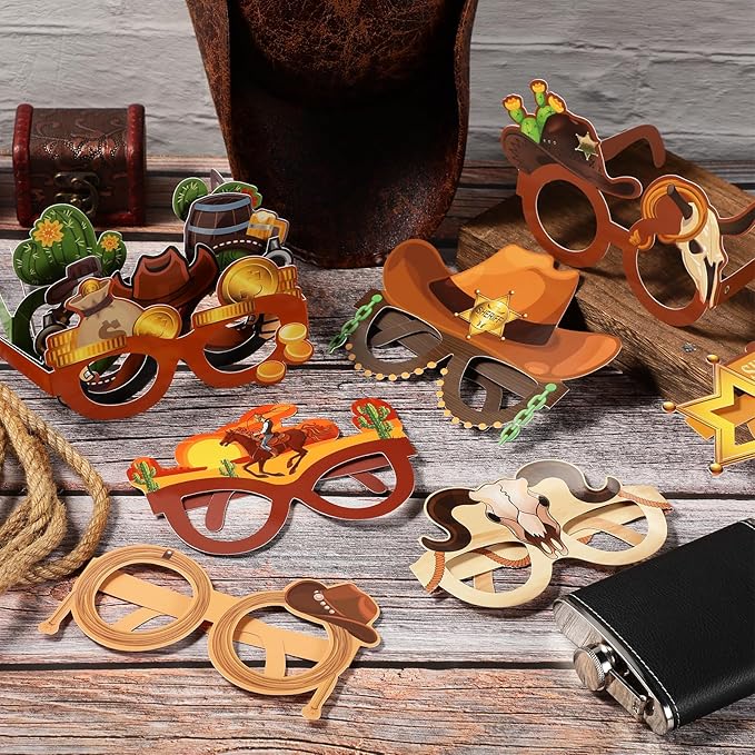 Jenaai 48 Pcs Western Party Favors Paper Glasses, Cowboy Photo Booth Props for Adults, Wild West Rodeo Theme Party Decor Supplies