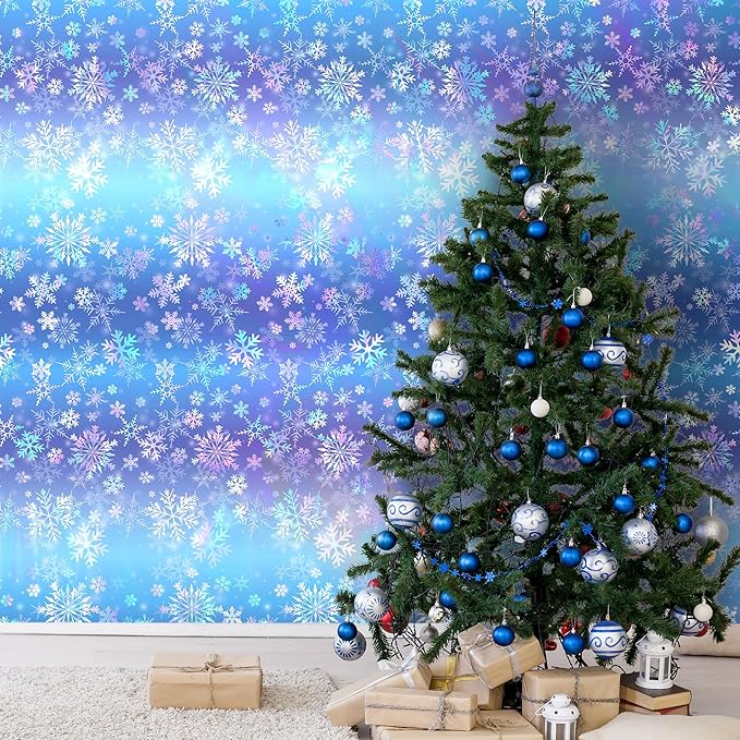 Kochorie 100 Ft x 54 Inch Iridescent Winter Snowflake Tablecloth Roll with Cutter Box Holographic Blue and Purple Snowflake Wonderland Table Cover Backdrop for Frozen Birthday Party Supplies