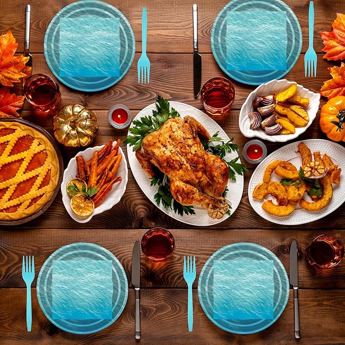 96 Pcs Ocean Sea Plates and Napkins Party Supplies, Ocean Waves Paper Plates Napkins and Forks Disposable Tableware Set for Summer Baby Shower Birthday Party Decorations Serves Serves 24 (Ocean)