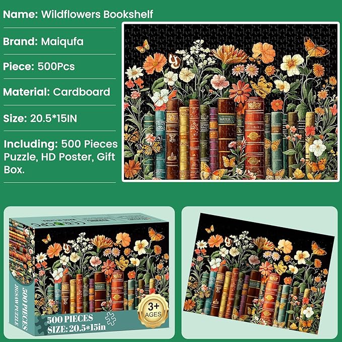 500 Piece Puzzle for Adults | Vintage Wildflowers Books Puzzle | Recycled Cardboard Plant Flowers Jigsaw Puzzle 500 Pieces | Challenging Game Home Decor Birthday Party Gift Toy for Adults Seniors
