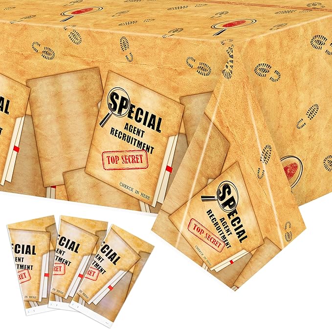 K1tpde Retro Spy Party Tablecloths - 3PCS Brown Vintage Secret Agent Theme Table Covers for Kids Birthday Party Escape Room Plastic Tablecloth Mystery Decor for Boy Spy Detective Supplies