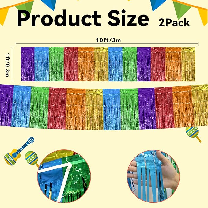 Fiesta Party Decorations - 2 Pack Cinco De Mayo Fringe Streamers | Mexican Party Decorations Favors Supplies Indoor Outdoor - Taco Birthday Party Backdrop Banner Curtains for Wall Photo Booth Decor,10 FT