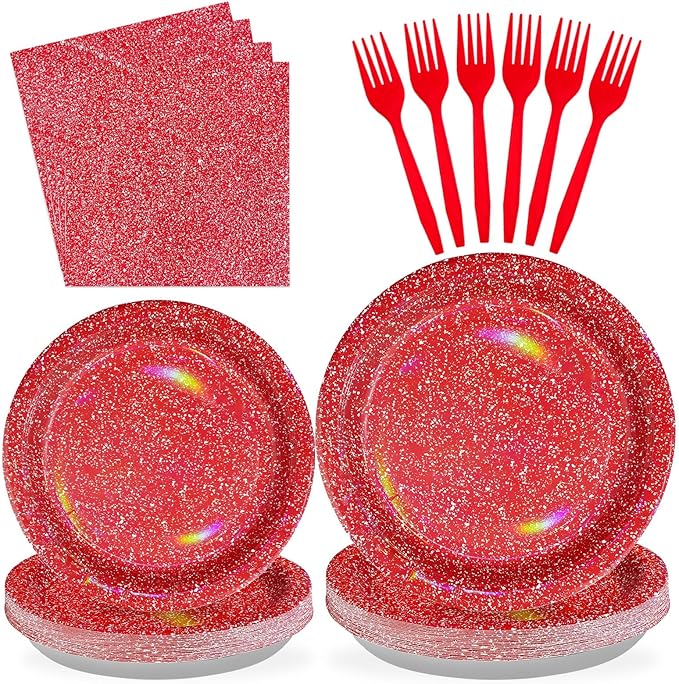 96Pcs Red Birthday Decorations Red and White Iridescent Plates and Napkins Tableware Sets Valentines Day Rainbow Party Decorations for Womens Wedding Engagement Baby Shower Party Supplies Serves 24