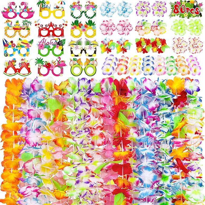 80PCS Hawaiian Luau Leis Party Photo Booth Props Decorations Supplies Set for Adults: Tropical Tiki Flowers Necklaces + Paper Glasses + Bracelets + Hair Clips Bulk Summer Pool Birthday Decor Favors
