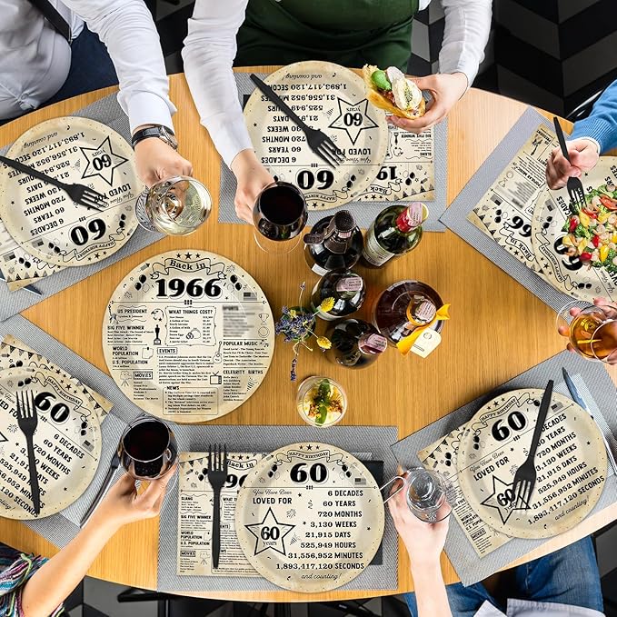 CHUNNIN 96Pcs 60th Birthday Plates and Napkins Back in 1966 Party Decorations Vintage 60 Year Old Party Dessert Plates 1966 Birthday Tableware for 24 Guests 60th Theme Men Woman Bday Parties Supplies