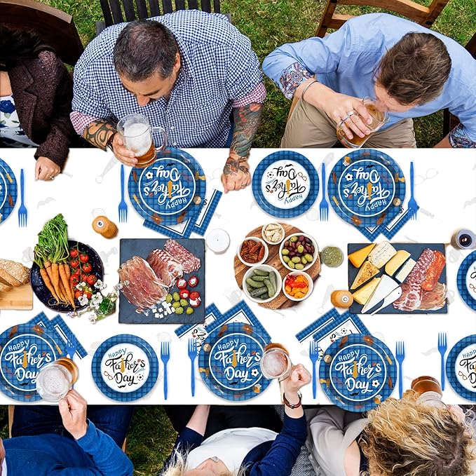 Happy Father's Day Party Supplies Disposable Paper Plates Napkins Forks Tablecloth for Father's Day Party Family Dinner Table Decorations Dad Table Cover Tableware Set Serve 24