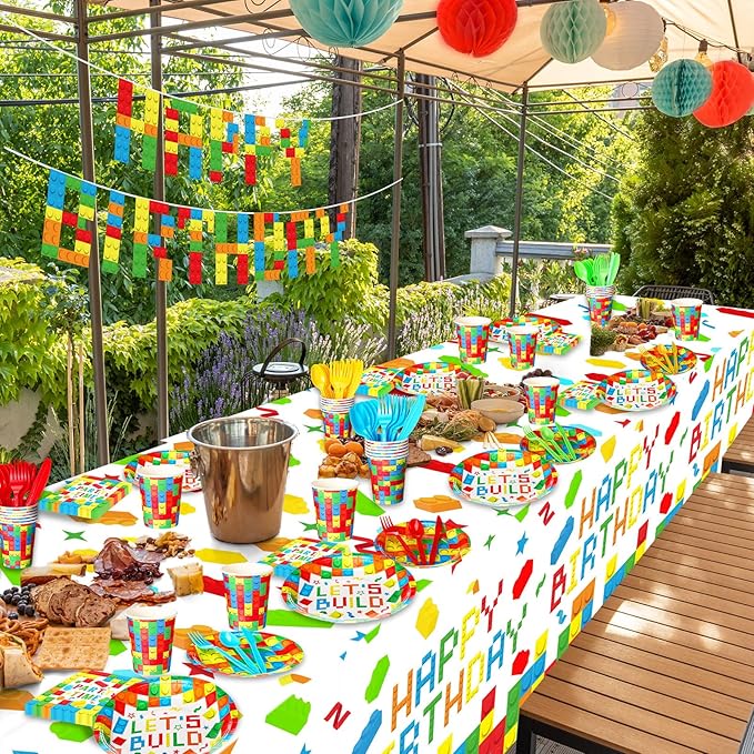 Gejoy 171 Pcs Building Block Birthday Party Supplies Tableware Kit Include Plates Cups Knives Forks Spoons Napkins Tablecloths Banner for Girls Birthday Party Decoration Serve 24 Guest (Classic Color)