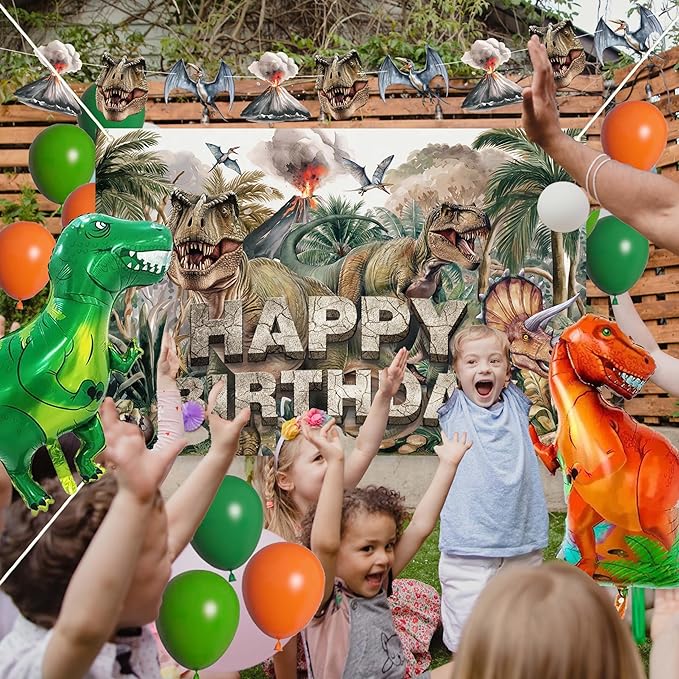Happy Birthday Decorations For Women Men,Birthday Backdrop,Banner Balloons,Table Cloth,Paper pom poms Party Supplies for Girls Boys (Dinosaur)