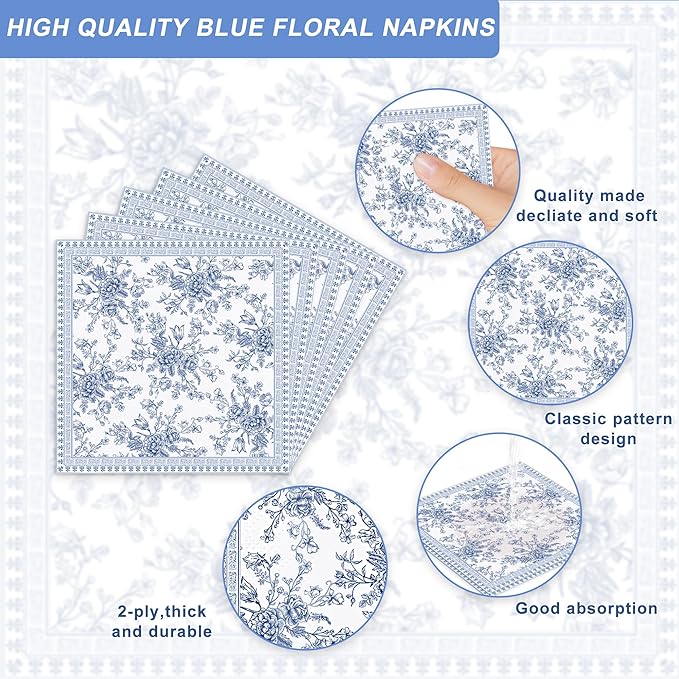 120PCS Blue Floral Plates Party Supplies for Girls Kids Blue Disposable Plates and Napkins Cups Floral Tableware Set Birthday Bridal Wedding Party Decorations
