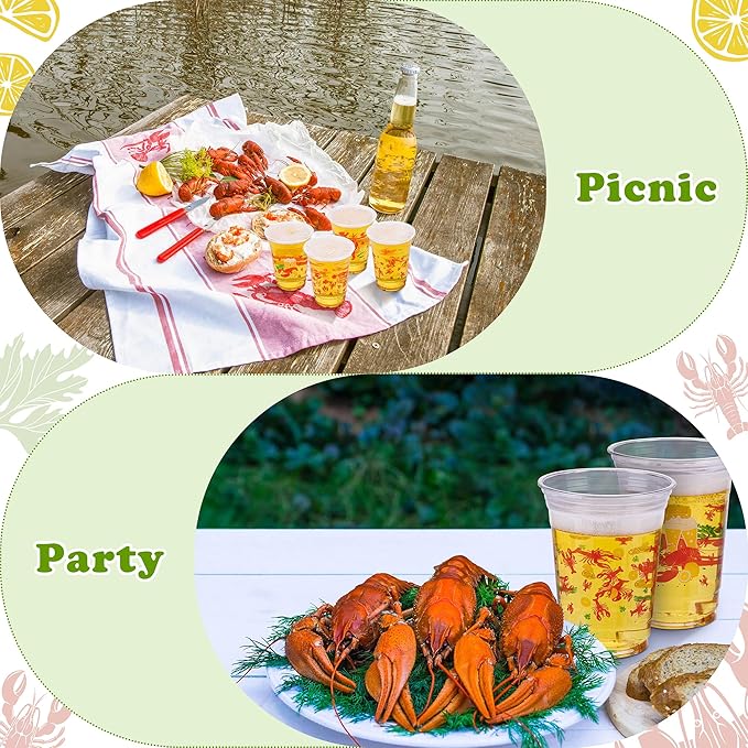 Kochorie 16 Oz Plastic Crawfish Boil Cups 120 Pcs Crawfish Party Supplies Clear Cups Plastic Drinking Cup Lobster Cups Crawfish Boil Party Cups for Lobster Seafood Party Birthday Decoration