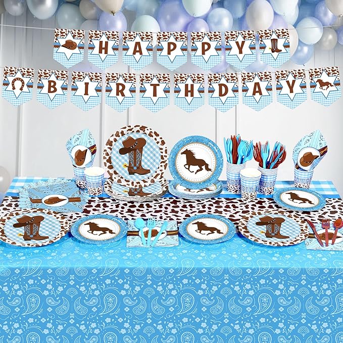Gejoy 171 Pcs Western Cowboy Birthday Party Tableware Supplies for 24 Guests Cowboy Plates Napkins Birthday Banners Tablecloths Cups Knives Forks and Spoons for Party Decorations