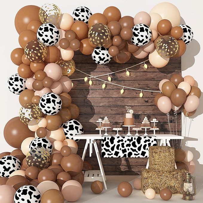 170Pcs CowBoy Balloons Garland Arch Kit, Cow Brown Neutral Blush Confetti Print Balloons for Western Cowboy Cowgirl Farm Animal Themed Baby Shower Bachelor Birthday Party Decorations Supplies