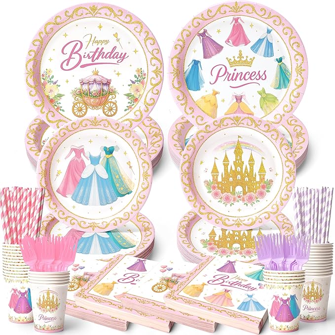 300 Pcs Princess Paper Plates Napkins, Birthday Party Supplies Include Forks Cups Straws, Summer Party Tableware Set for Kids, Serves 50 Guests