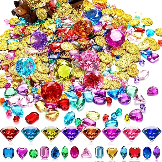 Gejoy 868 Pcs St. Patrick's Day Pirate Party Favors Pirate Treasure Jewels and Gold Fake Coins Booty Chest Play Set with Drawstring Bag for Summer Pool Diving Adventure Themed Party Decorations
