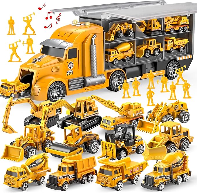 JOYIN 25 in 1 Kids Construction Truck Toy Set, 24Pcs Push and Go Cars and Worker Figures, Toddler Play Vehicles with Sounds and Light, Birthday Gifts for 3 4 5 6 7 Years Old Grandkids, Easter Basket