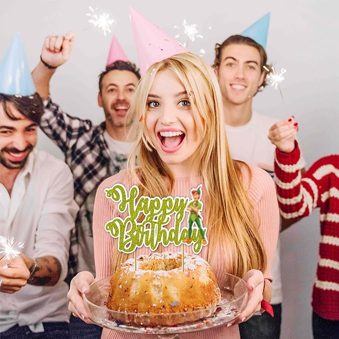 "Petr Pan Happy Birthday Cake Topper – Neverland Theme Birthday Party Supplies – Magical Green and Gold Cake Decoration with Petr Pan, Tinker Bell, and Fairy Dust Design for Boys Girls and Fans"