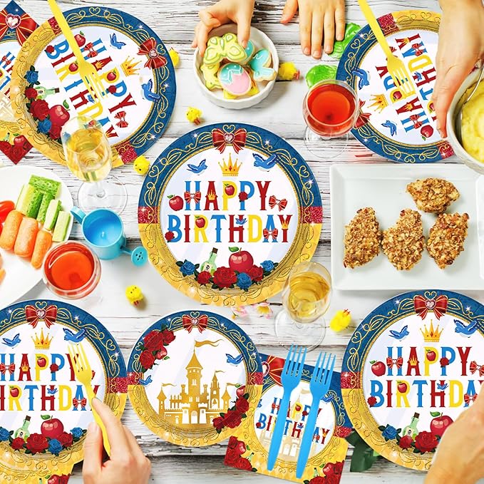 96 Pcs Snow Princess Birthday Party Supplies Cartoon Snow Plates and Napkins Gold Castle Tableware Set for Girls Birthday Baby Shower Princess Theme Party Supplies, Serves 24