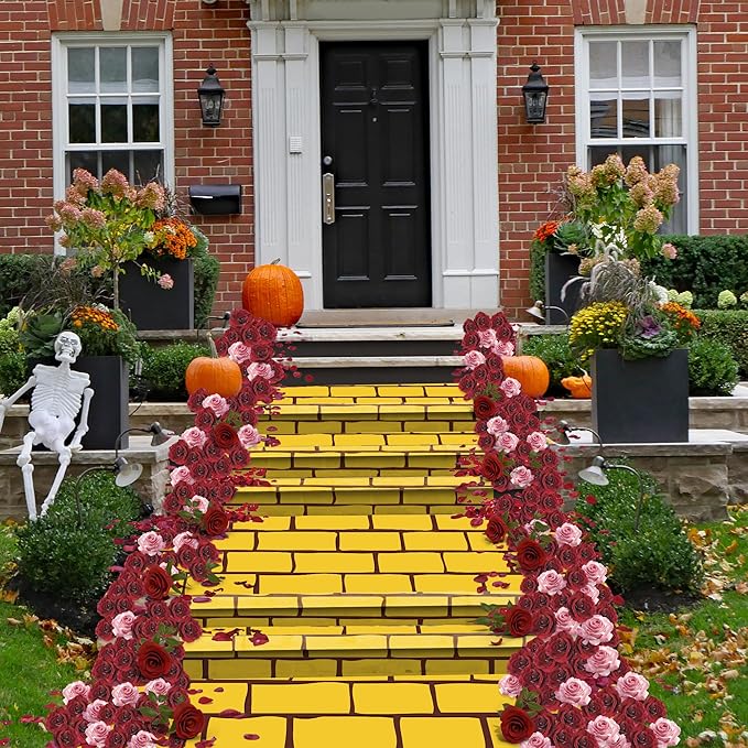Kochorie 100 Ft x 54 Inch Yellow Brick Road Tablecloth Roll with Cutter Box Disposable Large Stone Brick Floor Runner Wall Backdrops Tablecover for Halloween Medieval Princess Wizard Party Decorations