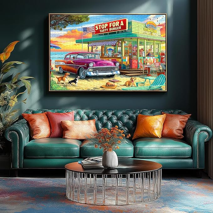 Blueforest Vintage Beach Hamburger Store 1000 Piece Puzzle for Adults & Teens - Challenging Retro Diner Jigsaw with Coastal Decor | Gift-Ready Wall Art for Game Nights