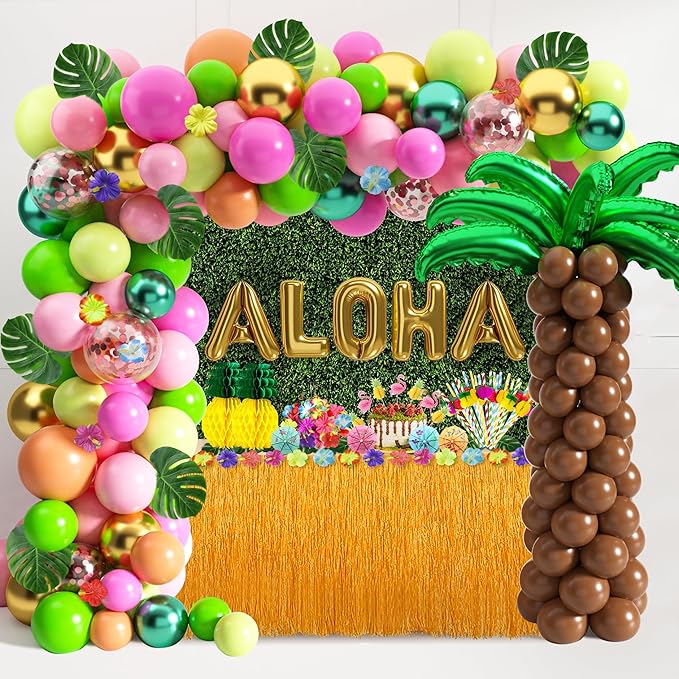 Hawaiian Luau Party Decoration Tropical Aloha Luau Balloons Arch Garland Kit Summer Beach Pool Party Supplies with Coconut Tree Shaped Balloon Set Table Skirt Cake Topper Palm Leaves and Hibiscus