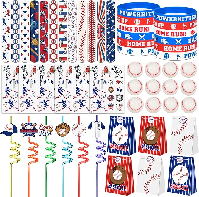 Erweicet Baseball Party Favors Set 72 PCS Baseball Slap Straws Silicone Bracelets Tattoo Stickers Mini Bouncy Balls Toy for Goodie Bag Fillers Baseball Themed Birthday Party Supplies
