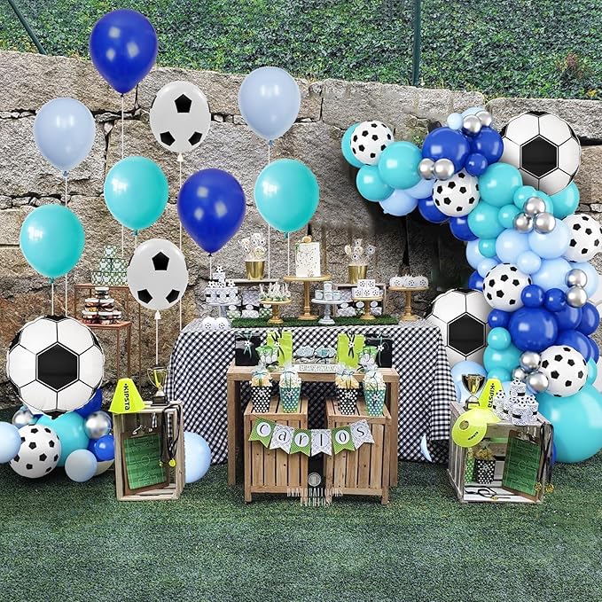 Soccer Balloon Arch Garland Kit, Royal Blue White Teal Blue Balloons Decorations with Soccer Foil Balloons for Men Women Teen Kids Soccer Football Theme Birthday Party Decor Supplies