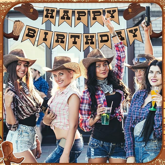 Oudain Western Birthday Cowboy Party Decoration, Happy Birthday Banner Double Layer Hat Boots Cowboy Hanging Swirls for First Party, Western Theme Decoration Supplies