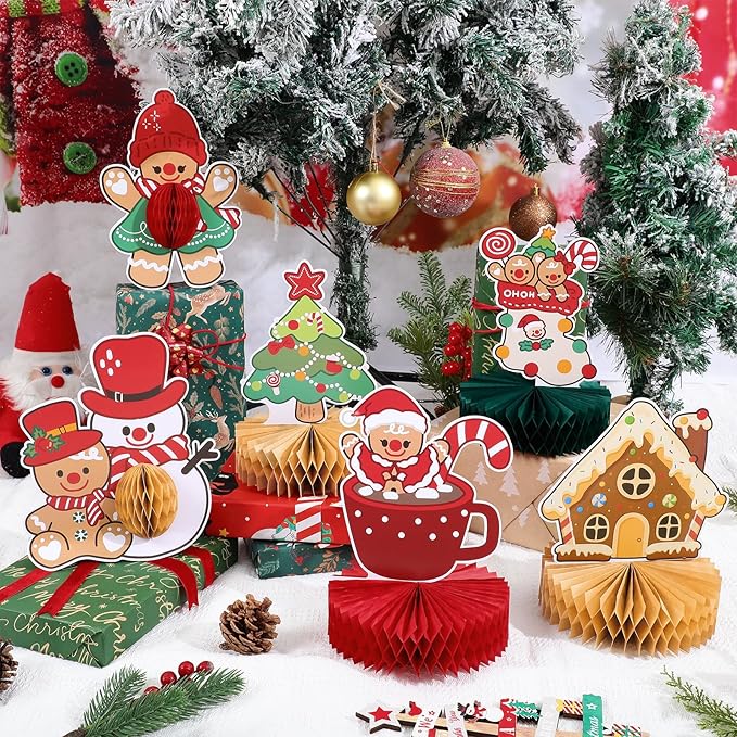 12PCS Christmas Table Centerpieces Gingerbread Christmas Decorations Honeycomb Centerpieces Xmas Party Decorations Snowman Table Toppers for Winter Holiday Party Supplies