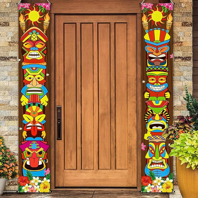 Frienda Hawaiian Luau Party Decoration Supplies Tiki Banner Tiki Totem Door Sign for Hawaii Tropical Decoration Aloha Tropical Birthday Party Wall Hanging Decor Supplies