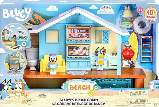 Bluey Beach Cabin Playset, 10”, Customizable Toddler House Playset with 10 Play Pieces and 2.5” Goggles Figure, Toy Houses for Kids Ages 3+