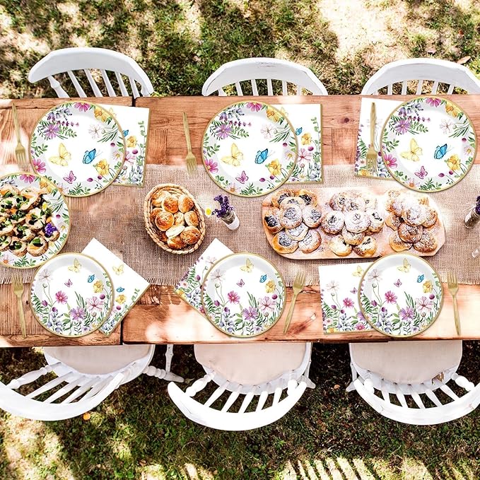 96 Pcs Spring Wildflower Party Decorations for 24 Guests Floral Tableware Plates Napkins Table Decorations Wildflower Dinnerware Party Favor for Birthday Baby Shower Bridal Shower Garden Tea Party