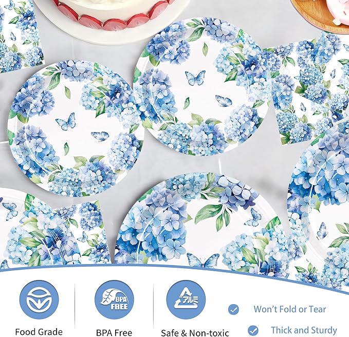150pcs Hydrangea Plates Napkins Hydrangea Party Supplies Floral Tableware Set for Summer Wedding Birthday Tea Party Supplies Serve 50 Guests