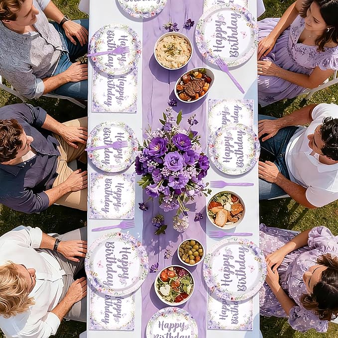 96Pcs Purple Floral Birthday Party Decorations Spring Purple Flowers Birthday Plates and Napkins Sets Flower Butterfly Decorations for Women Girls Lady Rose Shower Party Supplies Serves 24