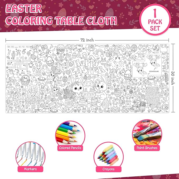 Easter Coloring Tablecloth for Kids, Large 30x72 Inch Poster with Bunnies, Eggs, Flowers, Perfect for Easter Party Games, Classroom Decorations, Spring Activities, and Holiday Supplies