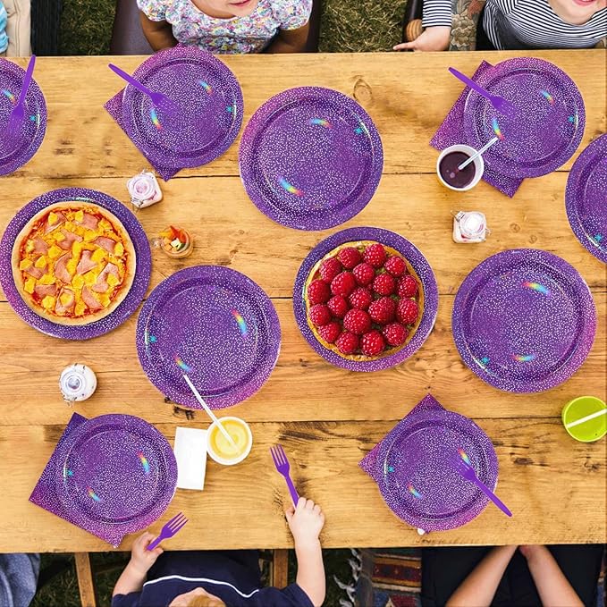 Grencian 96Pcs Purple Party Supplies Iridescent Rainbow Purple Plates and Napkins Sets Iridescent Purple Birthday Decorations for Girls Women Sprinkle Wedding Anniversary Party Favors Serves24