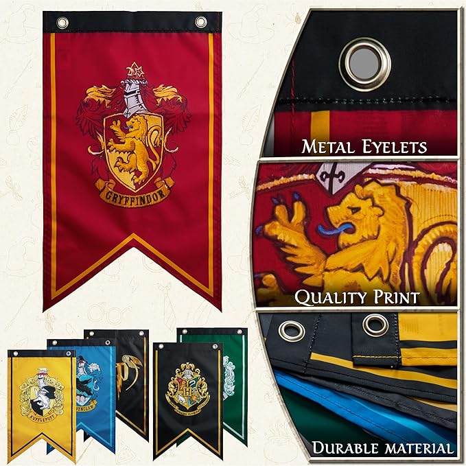 Harry Potter Gifts Banner Decorations Set of 6 Hogwarts House Flags 20x12 Inch Gryffindor, Slytherin, Ravenclaw, Hufflepuff Birthday Party Supplies (Multi Flags)