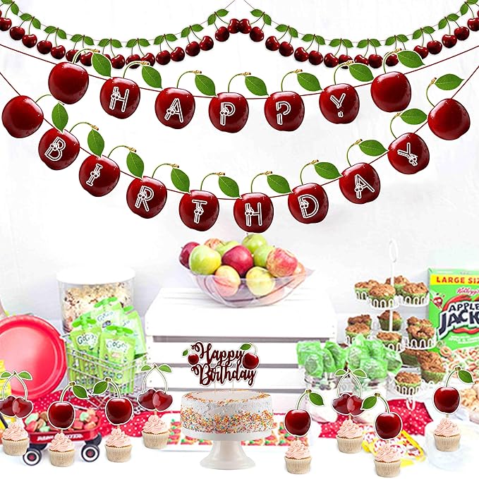 Cherry Theme Birthday Party Supplies – Sweet Fruit Inspired Party Decoration Set for Birthday Celebrations, Decorative Table Styling Items for Themed Events, Dessert Table Setup.