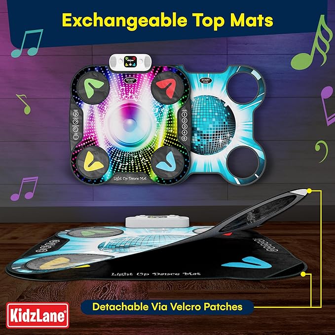 Kidzlane Light Up DJ Dance Mat for Kids - Bluetooth & AUX Compatible - 3 Fun Arcade Games - Adjustable Volume - Detachable Top Mats with Discoball & Speaker Motives - Durable Plastic - Multi-Color