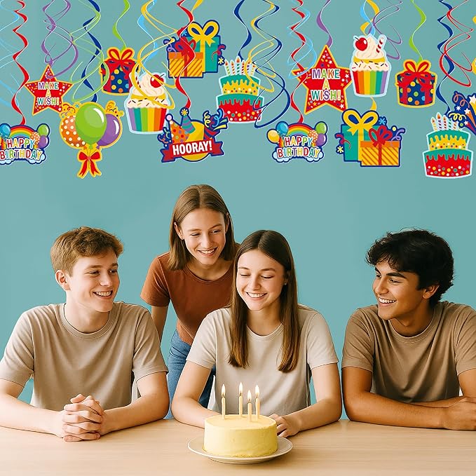 Colorful Birthday Hanging Swirl Decorations, 36ct Paper Ceiling Decor Set with Cutouts of Cakes, Gifts, Balloons & Stars, Vibrant Paper Party Supplies for Birthday Decor & Celebration Themes